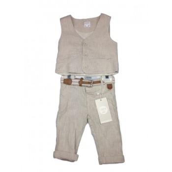 Completo 2pz pantalone gilet lino bimbo neonato bambino Losan Chic beige