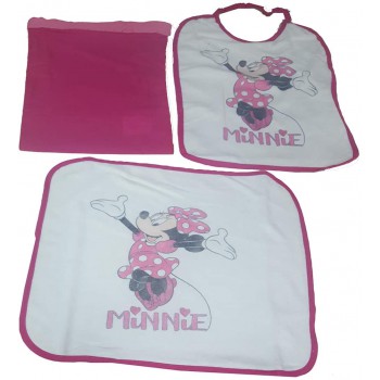 Set asilo 3pz bavetta bavaglino + tovaglietta + sacco bimba bambina Disney Minnie rosa fucsia